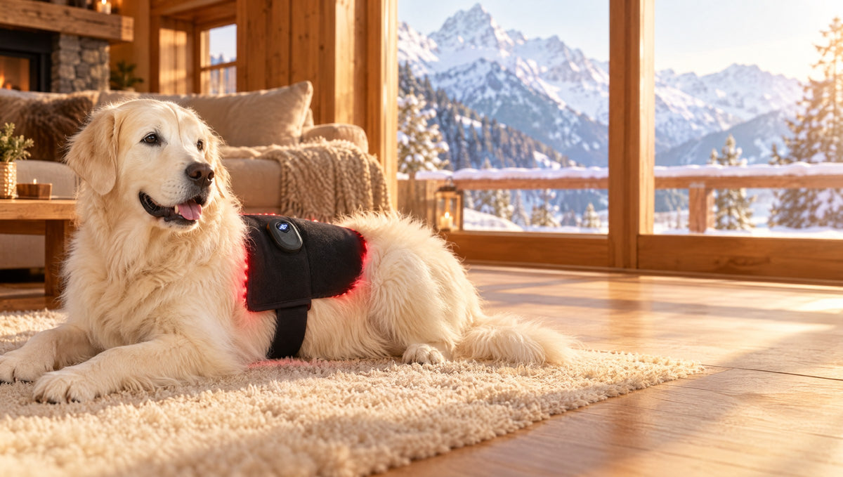Golden Retriever mit Alpenpfötli Rotlichtmatte im Chalet