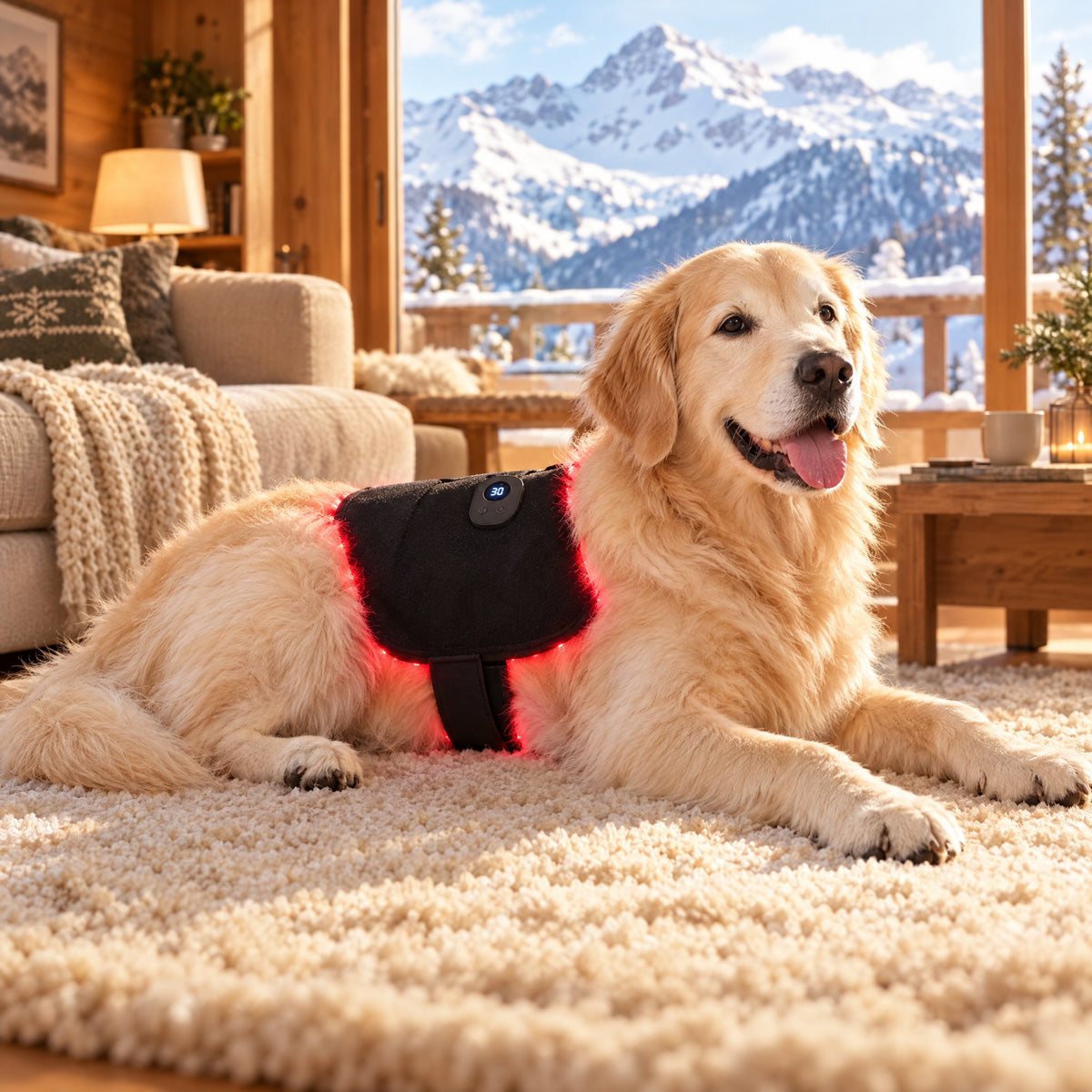 Golden Retriever mit Alpenpfötli Rotlichtmatte im Chalet